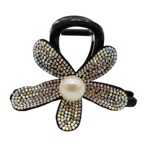 Краб д/волосся 1шт 8см чорний Квітка з перлиною і стразами *10
