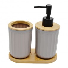 Набір д/ванної Стакан+Дозатор 2шт Пластик/Дерево підставка Мікс